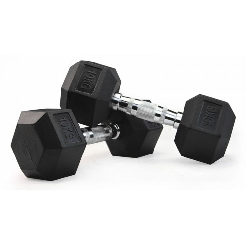 Rubber Coated Hex Dumbbell (1-40KG) with Contoured Chrome Handle